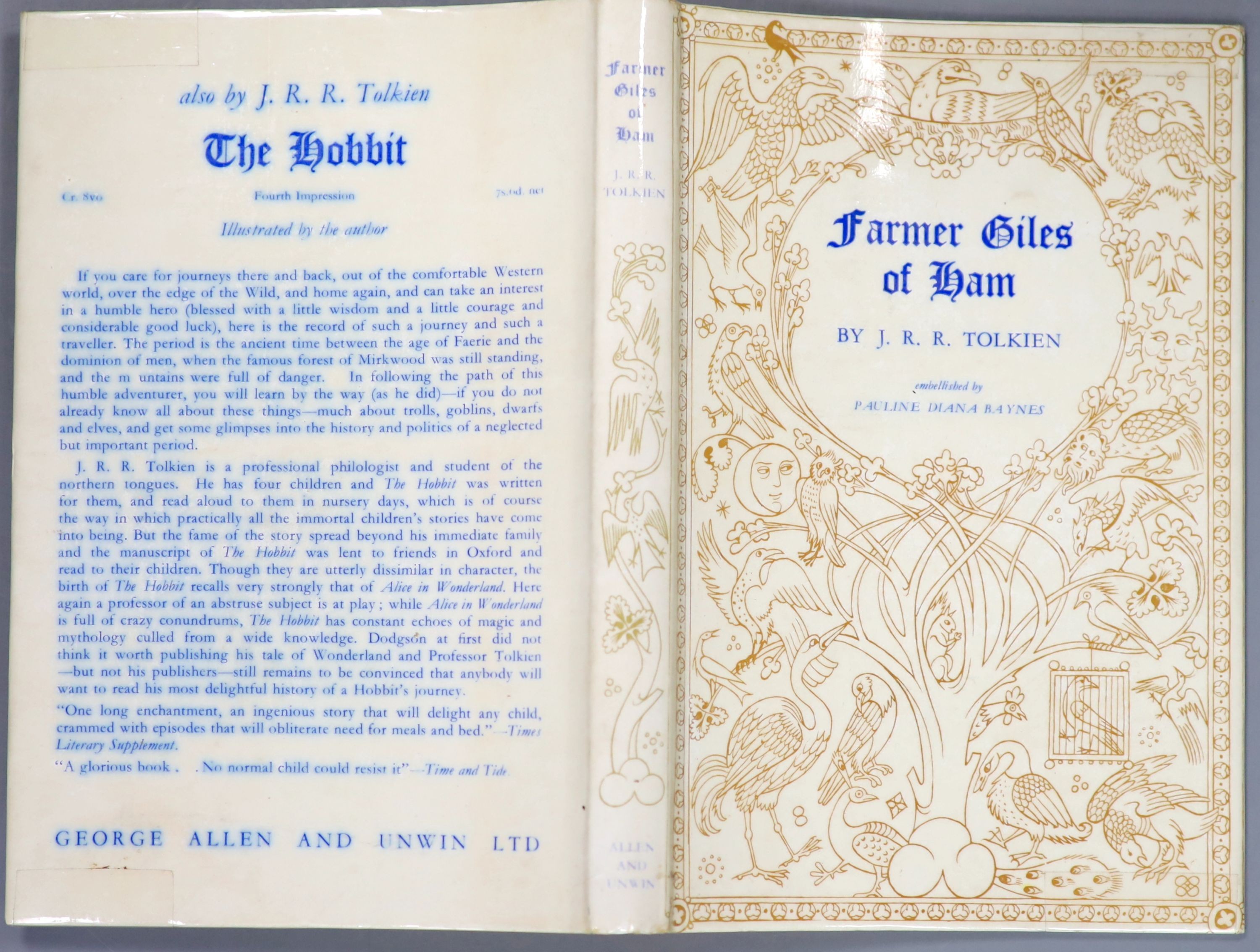 Tolkien, John Ronald Reuel - Farmer Giles of Ham, 1st edition, illustrated by Pauline Baynes, original cloth with unclipped d/j, print smudged to back and part of front flap beneath plastic cover, owners inscription to f